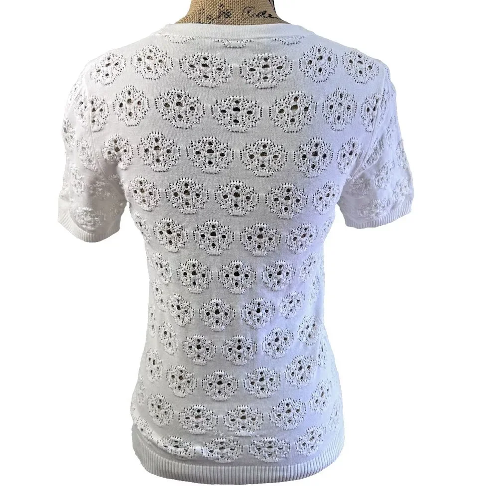 Fairly Blue Women White Eyelet Crochet Knit Cotton Short Sleeve Sweater Top Sz 2